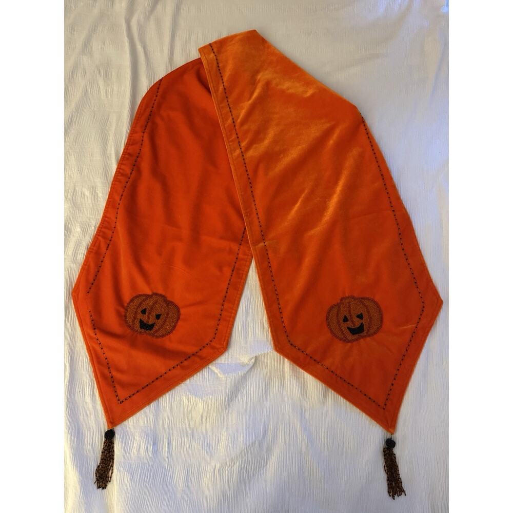 Orange Velvet Halloween Table Runner Pumpkin Appliques Beaded Tassels Home Decor